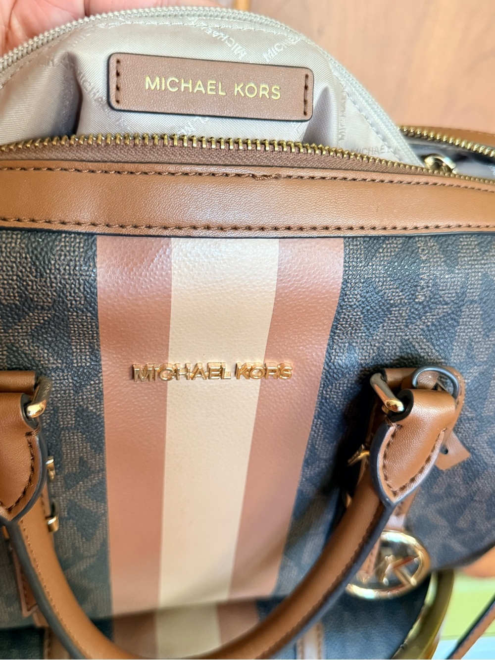 Michael Kors Brown satchel with tan and cream center stripes - Picture 6 of 6